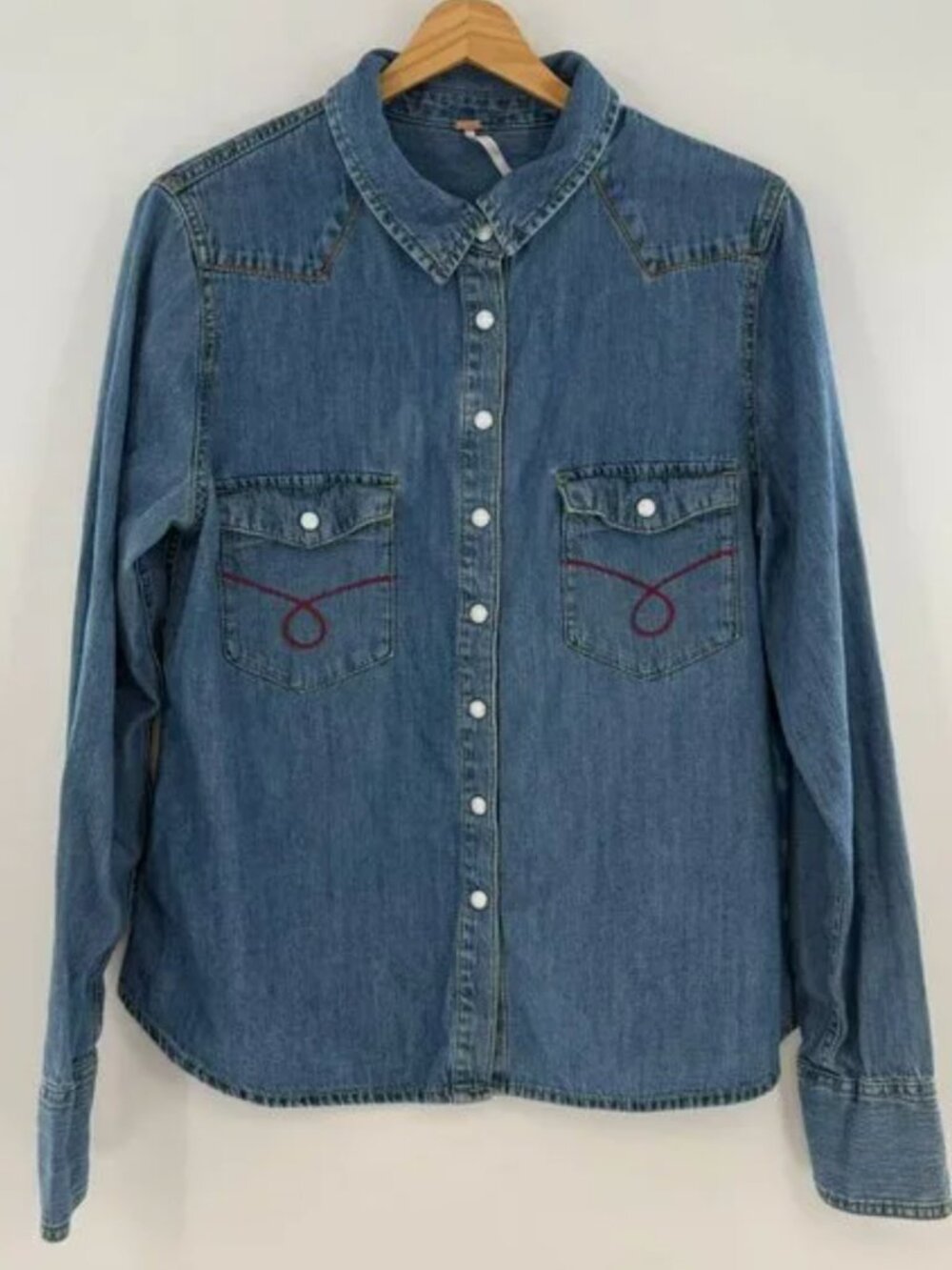 Free People Denim Western Shirt Pearl Snap Button Down Small Embroidered